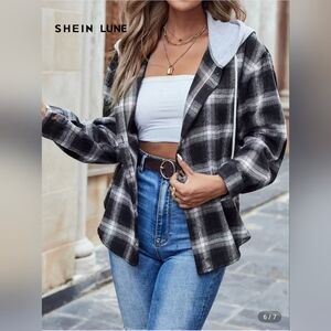 SHEIN LUNE Plaid Print Drawstring Hooded Blouse Women Shirt, Long Sleeves Small